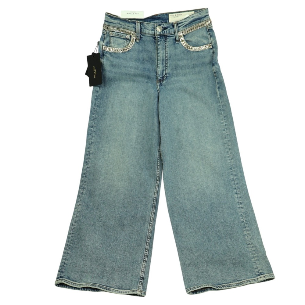 Rag & Bone Andi High Rise Ankle Wide Leg Jeans 26 Pacific Jewel NWT Bling